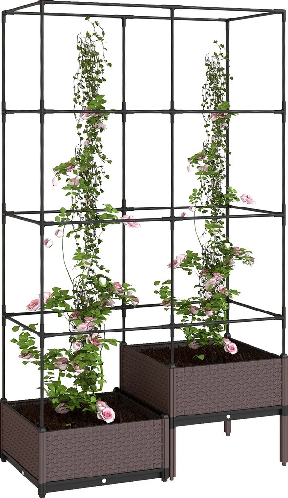 Outsunny fém rácsos emelt virágágyás — nagy kültéri emelt kaspó futónövényeknek, 2 x PP kaspó vízelvezetéssel és dugókkal, 100 x 50 x 174 cm, fekete |