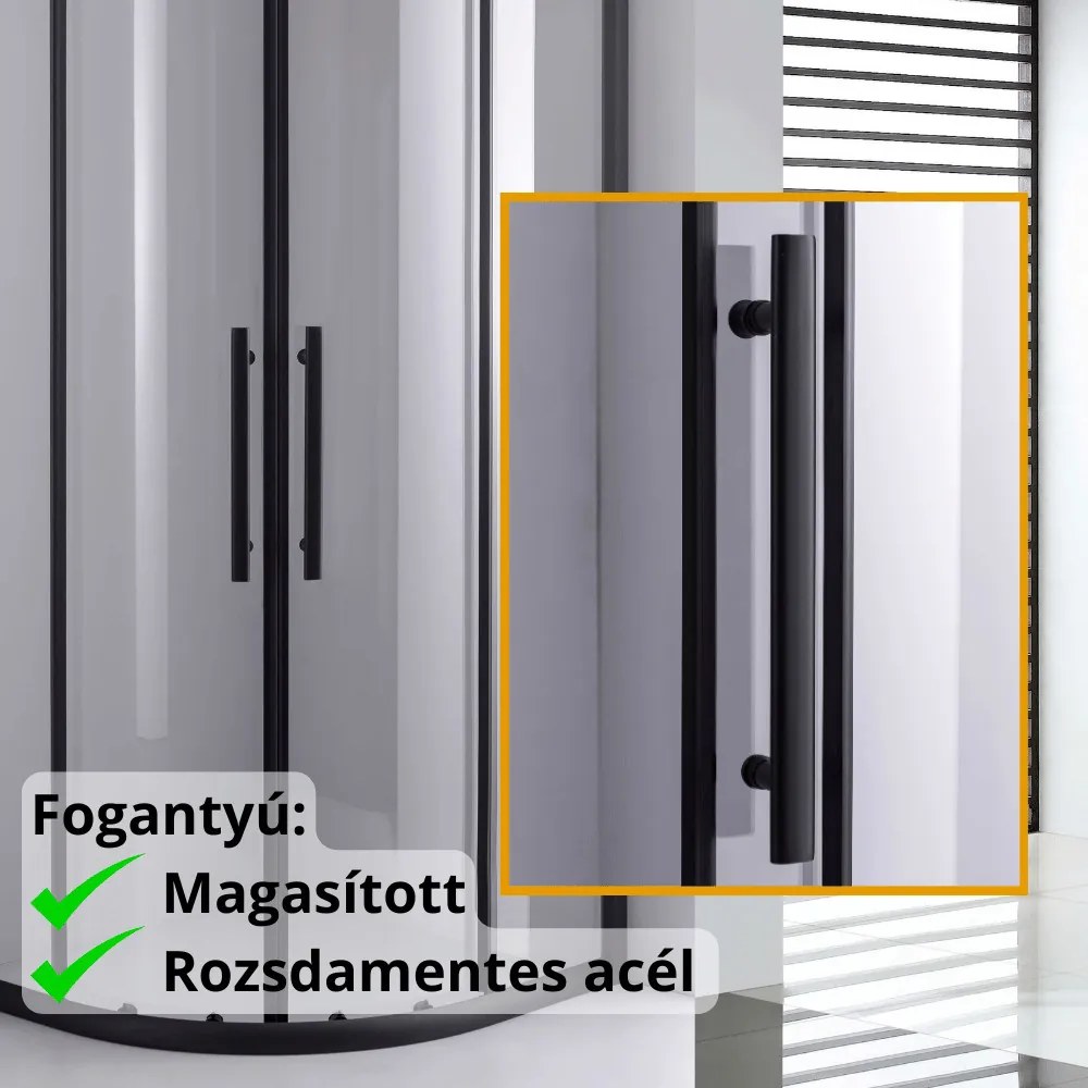 Stuxi Nizza Black 90x90 cm íves két tolóajtós zuhanykabin 6 mm vízlepergető biztonsági üveggel, fekete elemekkel, 190 cm magas, zuhanytálcával és szifonnal