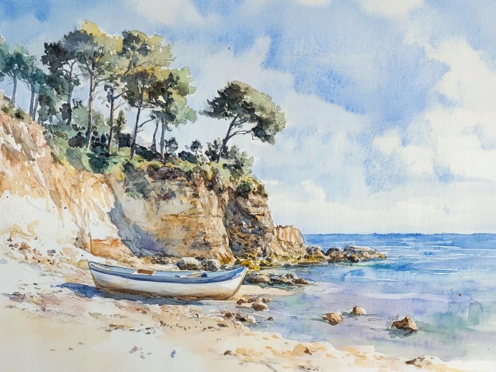 Vászonkép Canvas Tájkép Tenger Tengerpart Szikla Tengerpart Csónak 80x60