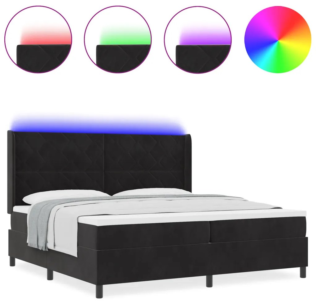 Boxspring Ágy Matraccal és LED Fekete 200x200 cm Bársony