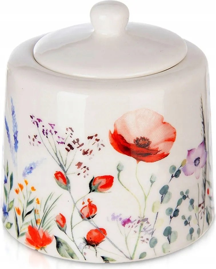Porcelán Cukortartó Fehér, Fedővel És Pipacsvirágos Kanállal