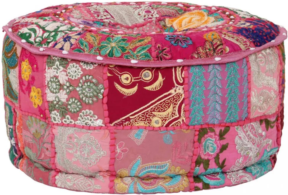 kézzel készült kerek rózsaszín pamut patchwork puff 40 x 20 cm
