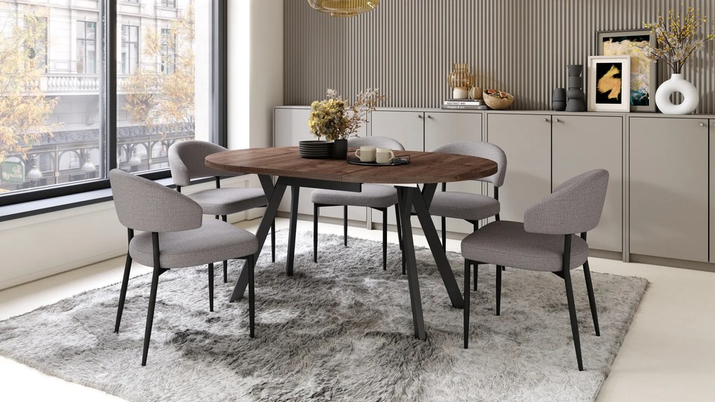 Mazzoni ALMO Barna tölgy/fekete lábak - BŐVÍTHETŐ KEREK ASZTAL Y ALAKÚ LÁBAKKAL LOFT/IPARI STÍLUSÚ NAPPALIBA/ÉTKEZŐBE