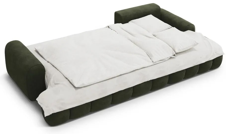 Zöld bársony kinyitható-tárolóhelyes sarokkanapé (jobb oldali-heverő résszel) Linz – Cosmopolitan Design