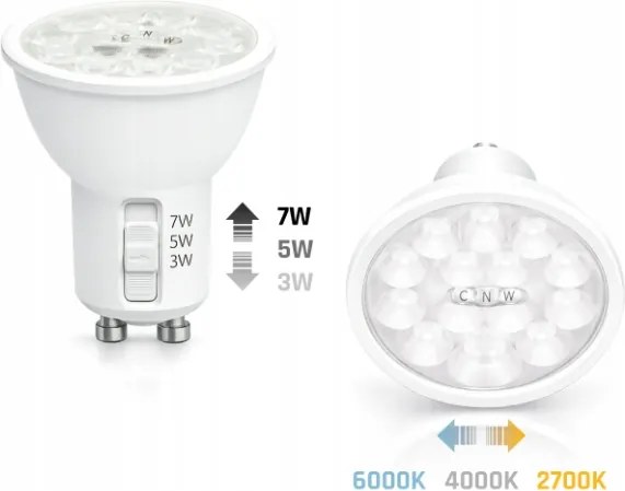 Led izzó GU10 Változtatható Teljesítmény És Szín Kapcsolóval 3/5/7W 3000-6000K
