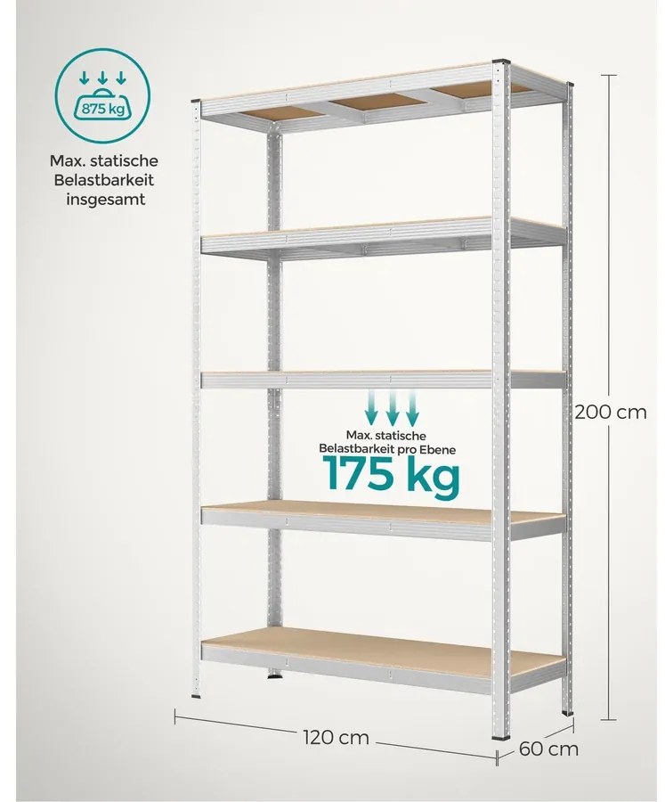 Ötszintes polcrendszer, acél polcrendszer tároláshoz, teherbírás 875 kg, 60 x 120 x 200 cm, ezüst