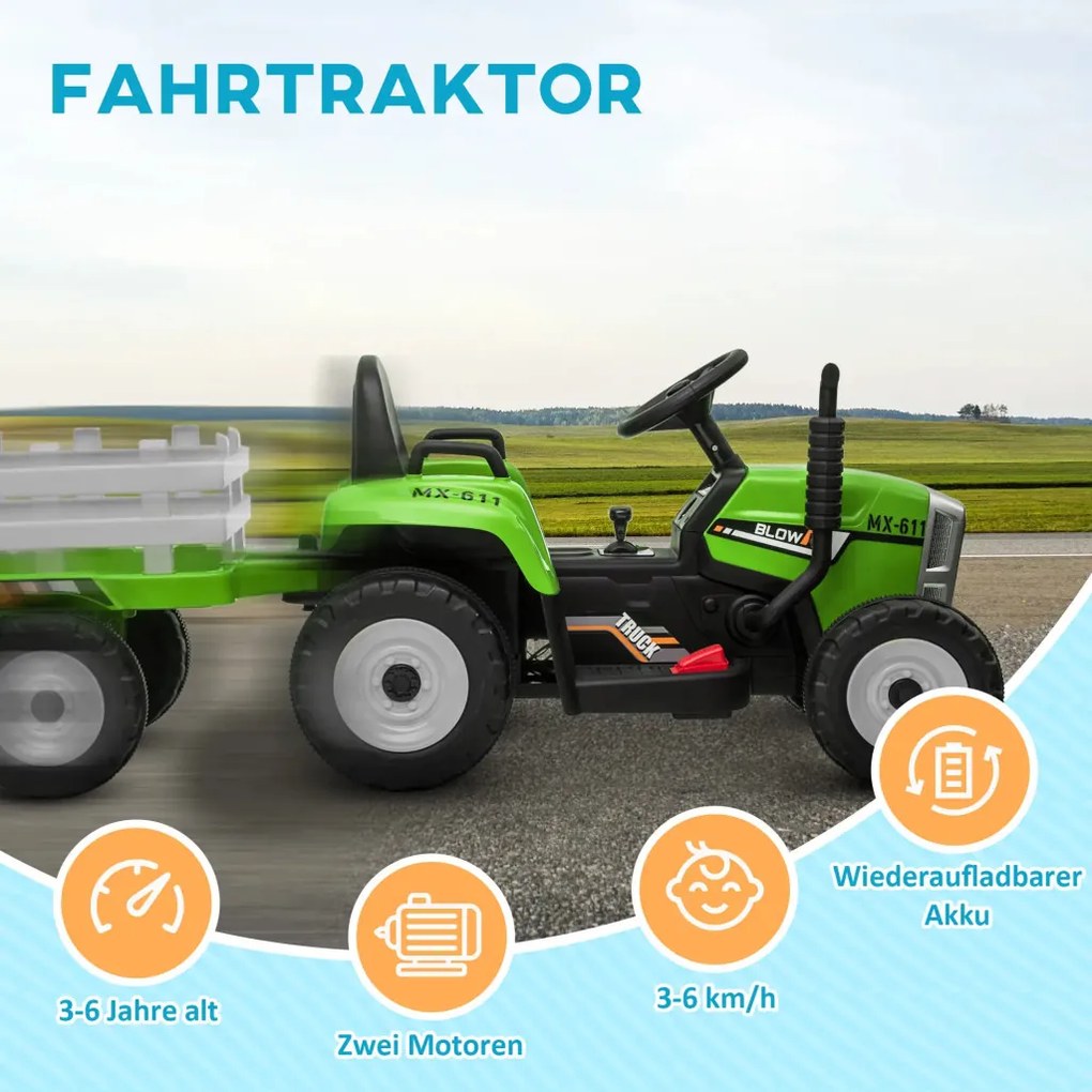 HOMCOM Elektromos gyerekautó, gyerek traktor, szülői távirányítóval, max. 6 km/h sebesség; zöld-fekete