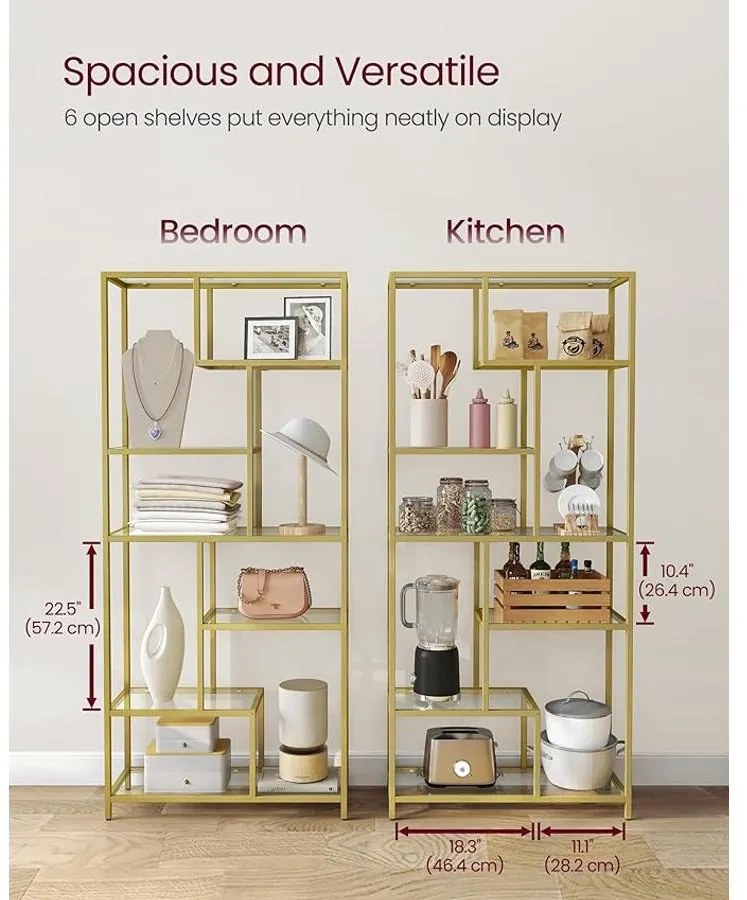 VASAGLE Könyvespolc, 6 szintes magas könyvszekrény 30 × 80 × 180 cm, fémes arany színben