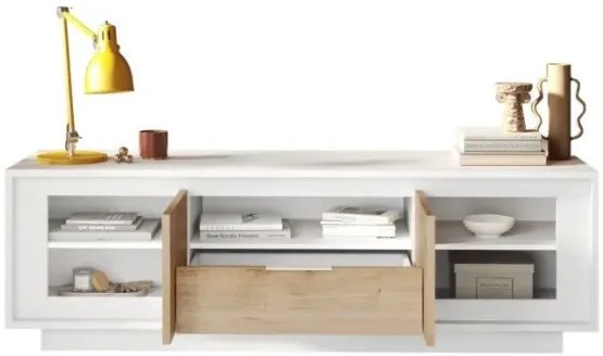 SKY 2.0 TV-szekrény 2 ajtóval és 1 fiókkal, fehér matt lakkozott vázzal, Cadiz tölgy mintázatú laminált előlapokkal