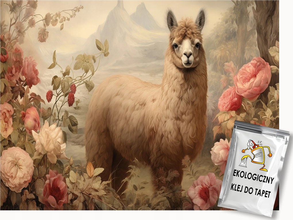 Fotótapéta Flizelina Kilátás Hegyek Kert Virágok Láma Alpaka 150x105 ragasztó