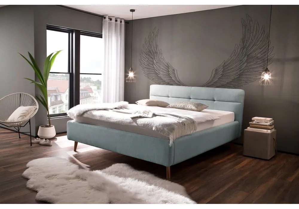 Világoskék kárpitozott franciaágy tárolóhellyel ágyráccsal 160x200 cm Lotte – Meise Möbel