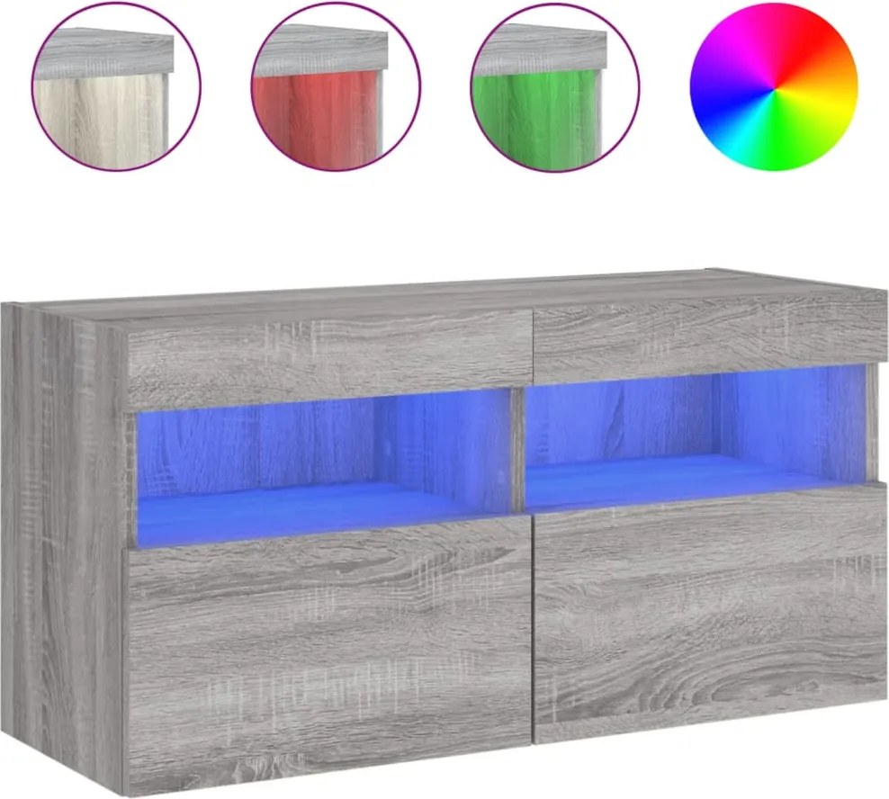 vidaXL szürke sonoma színű fali TV-szekrény LED-del 80 x 30 x 40 cm