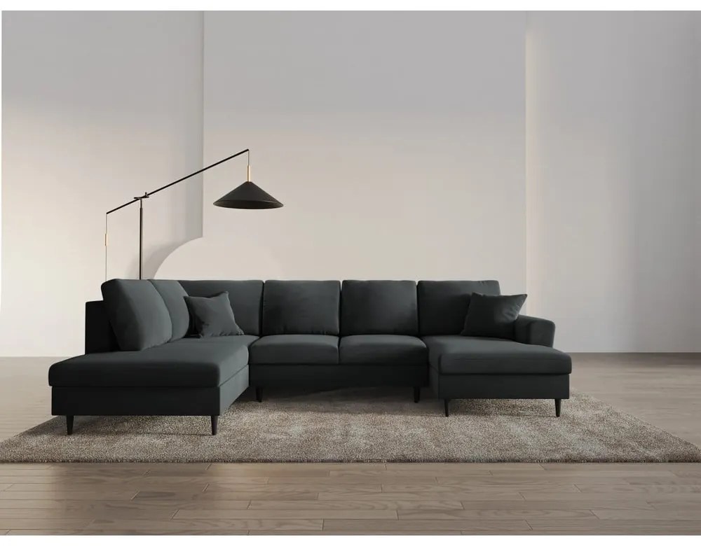 Sötétszürke bársony kinyitható tárolóhelyes sarokkanapé (bal oldali-U alakú) Kyoto – Cosmopolitan Design