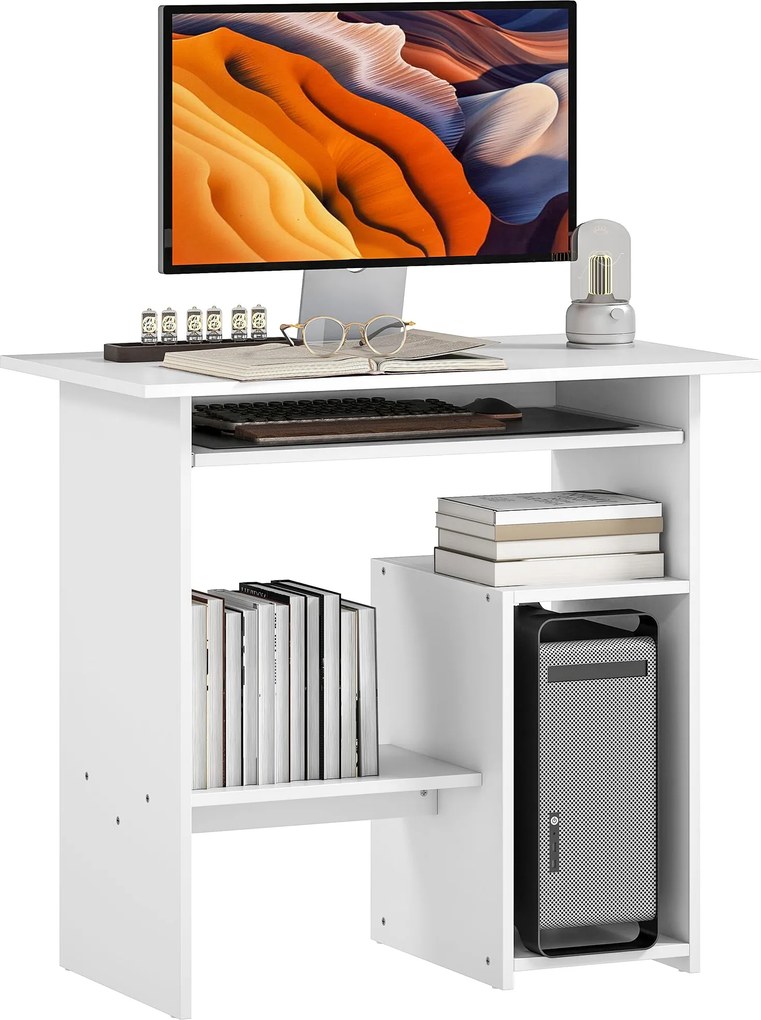 HOMCOM Íróasztal, 80 x 45 cm, Számítógép Asztal, Irodai Asztal Billentyűzet Tálcával, Nyitott Tárolóhelyekkel és Polcokkal, Forgácslap, otthoni irodáh
