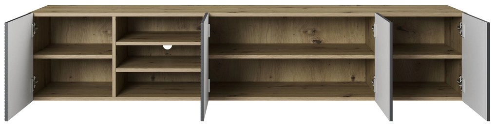 Asha függesztett TV szekrény 200 cm riflázott frontokkal, nyitott fülkével – artisan tölgy / rivier stone matt
