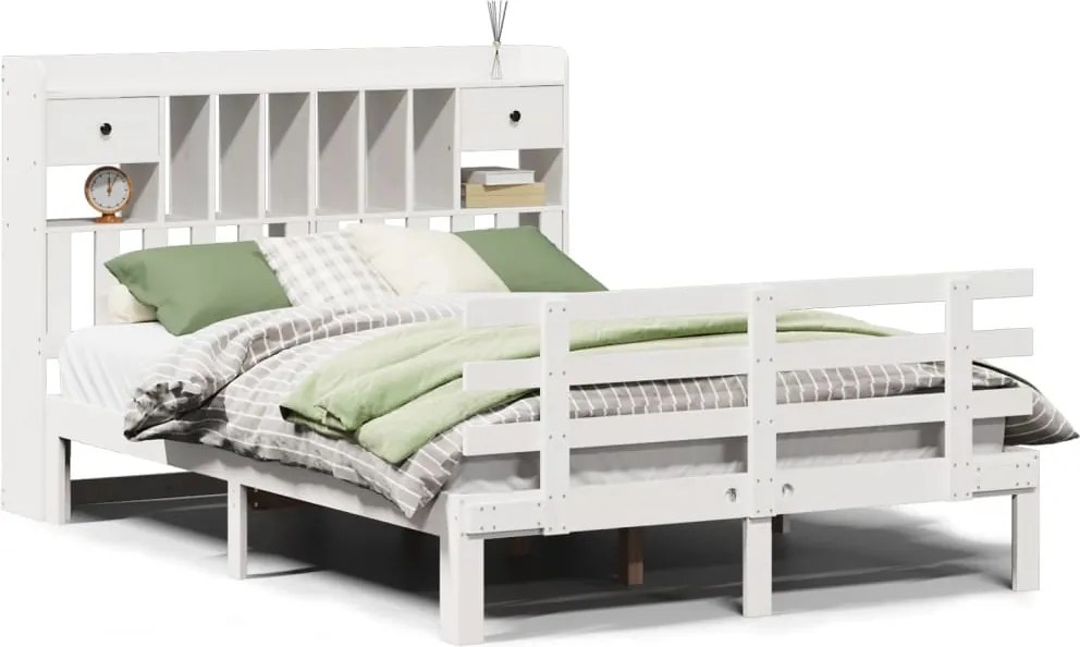 vidaXL fehér tömör fenyőfa könyvespolcos ágy matrac nélkül 140x190 cm