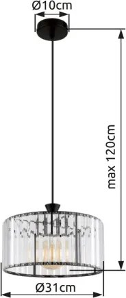 Globo 15742H Függeszték fém fekete matt, átlátszó akril kristályok, fekete PVC kábel, ø: 310mm, M: 1200mm, 1x E27 60W 230V izzó nélkül