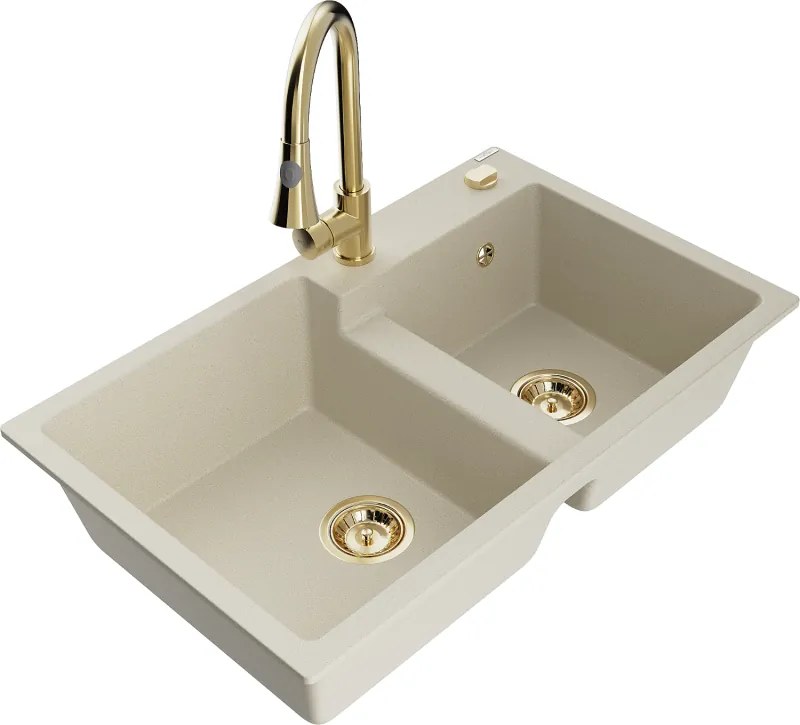 Mexen Tomas 2-kamrás gránit mosogató Elia konyhai csapteleppel, bézs - 6516-69-670101-50