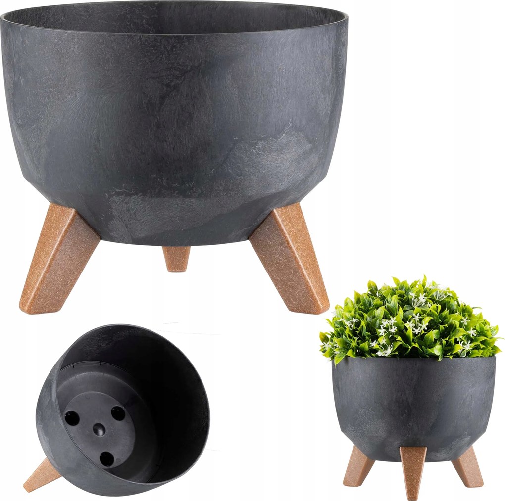 Lábas virágtartó tál fekete beton modern virágtartó betéttel 24x15cm