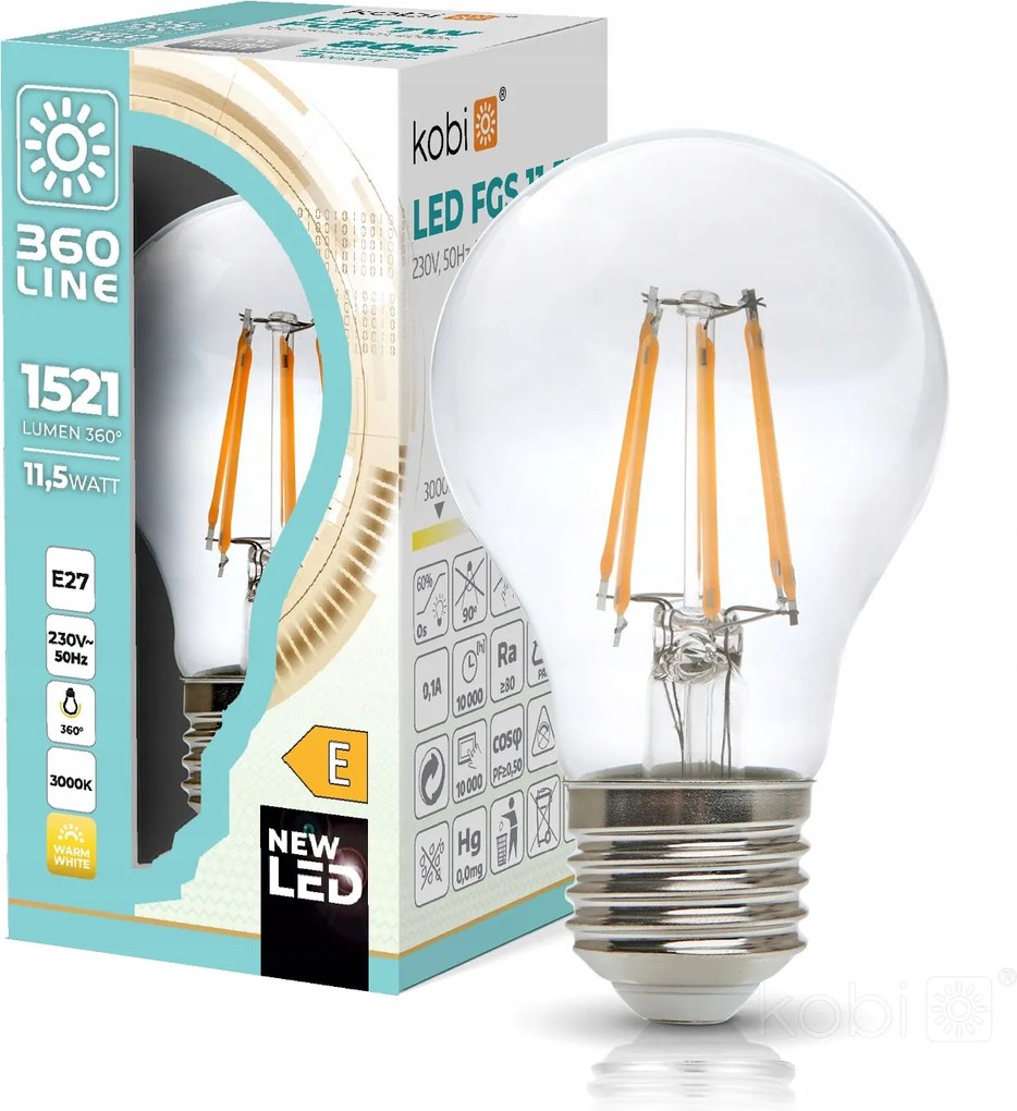 Led izzó E27 Golyó 12W 1521lm 3000K Meleg 360° Filament Line Kobi