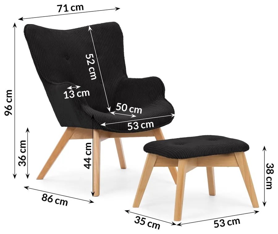 Fekete kordbársony fotel lábtartóval Niko – Ropez