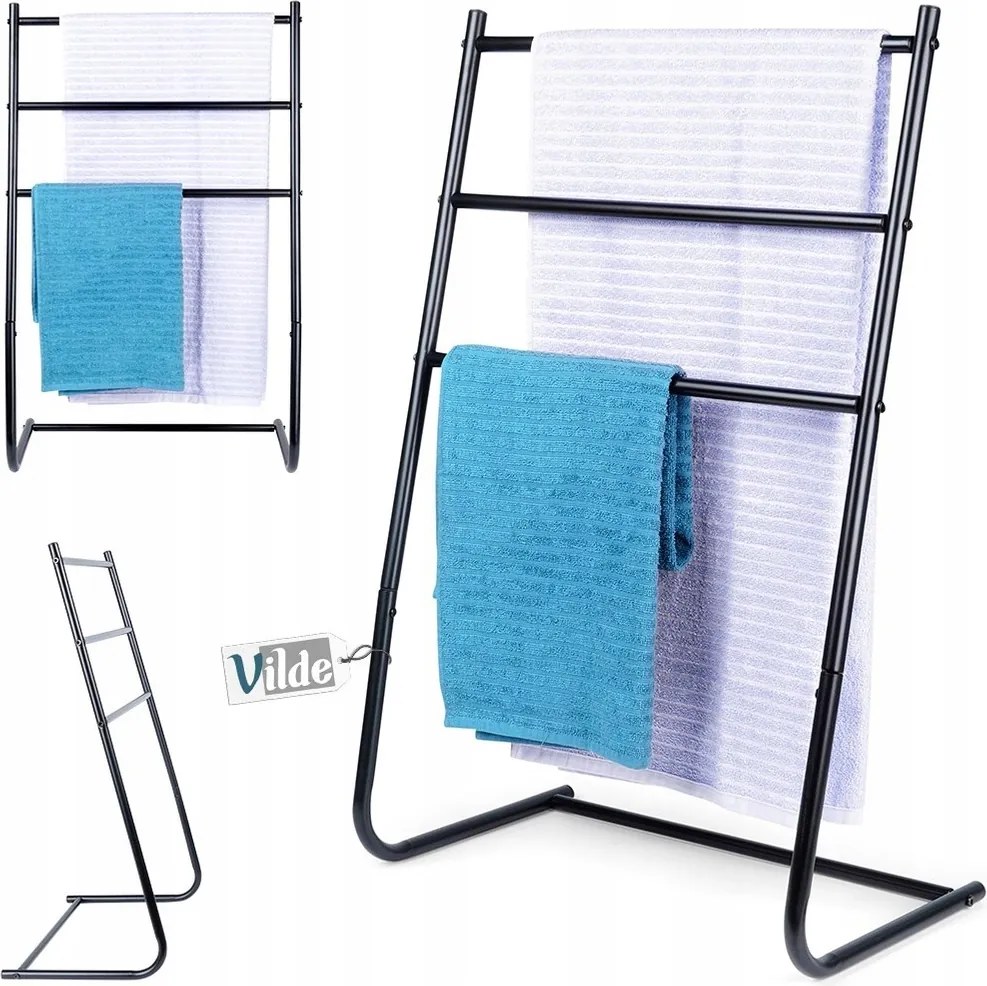 Törölközőtartó állvány fürdőszobai padló akasztó álló fém fekete