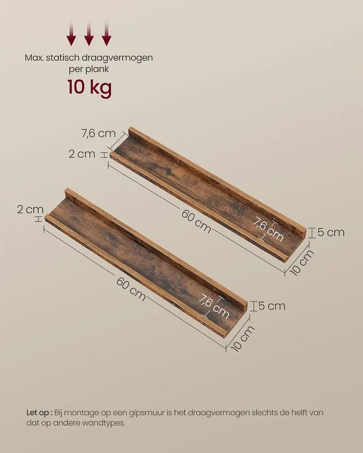 VASAGLE 2 részes falipolc szett peremmel, 60 cm, rusztikus barna