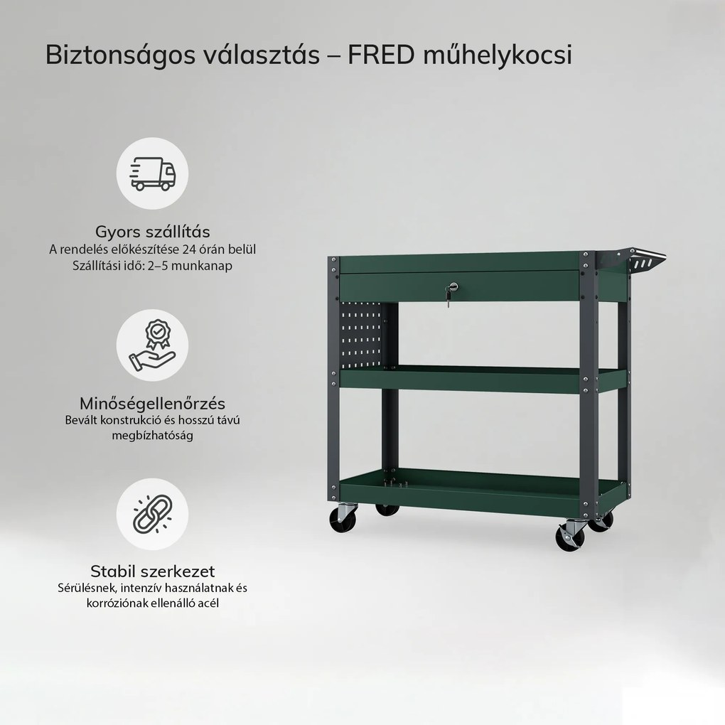 Műhelyi szerszámkocsi fiókkal, görgőkön, üvegzöld, 800x800x380 mm: FRED