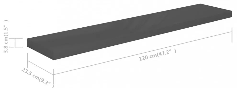 4 db magasfényű szürke MDF lebegő fali polc 120 x 23,5 x 3,8 cm
