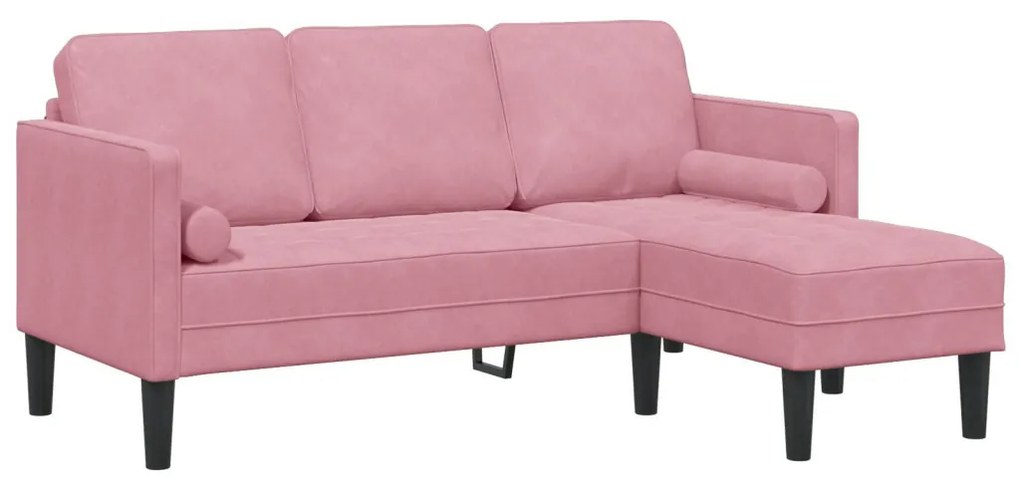 Kerti kanapé padokkal és párnákkal L-alakú rózsaszín bársonyos, 3 személyes kanapé chaise longue világos rózsaszín 160 cm bársonyból, Zsöllye rózsaszín 113x57x39 cm bársonyos