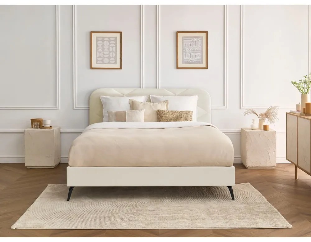 Bézs kárpitozott franciaágy ágyráccsal 160x200 cm Prune – Bobochic Paris