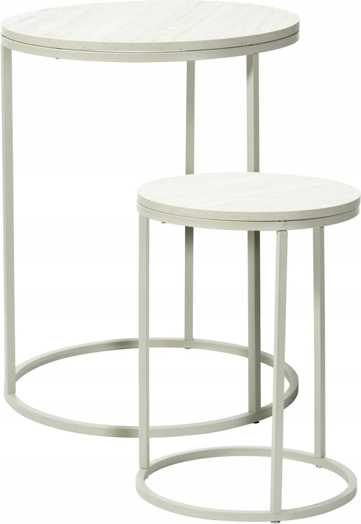 Dohányzóasztal Szett 2 Db Kerek Fém Bézs Márvány Asztallap