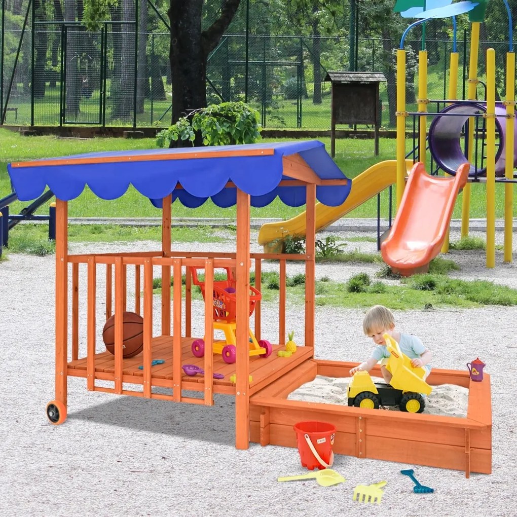 HAPPY verandás homokozó, 130x130x143cm, barna/kék Jurhan