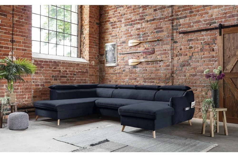 Sötétkék bársony kinyitható sarokkanapé (bal oldali-"U" alakú) Sweet Harmony – Miuform