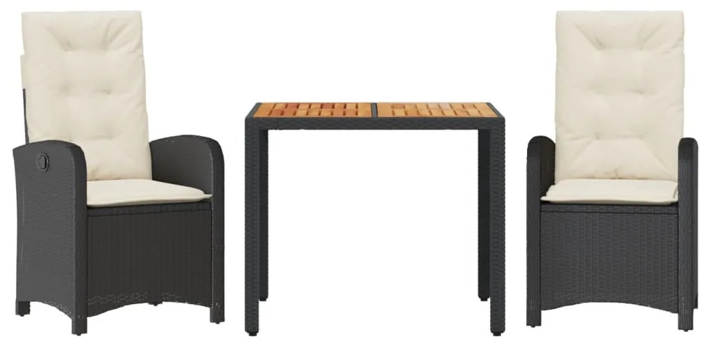 3 részes fekete polyrattan kerti étkezőgarnitúra párnákkal