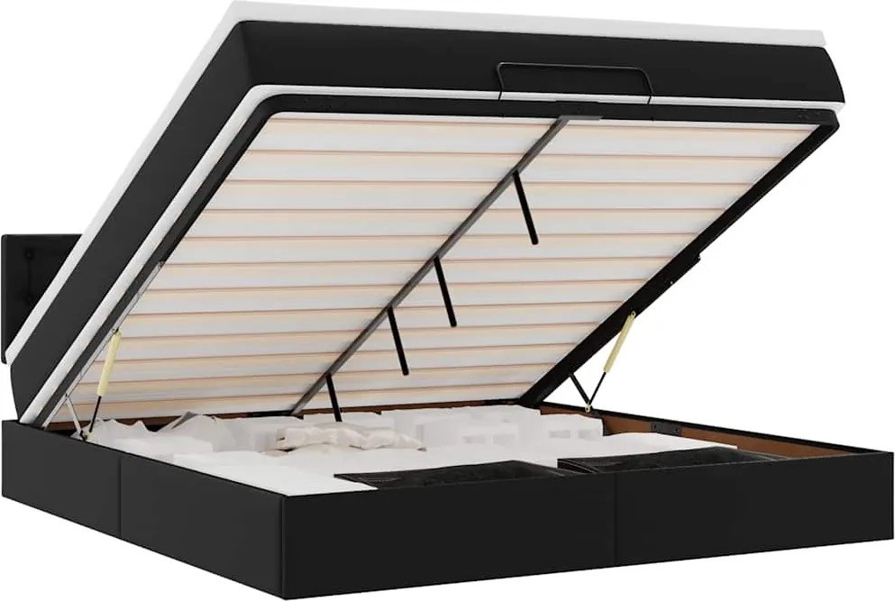 vidaXL fekete műbőr ottomán ágy matracokkal & LED-ek 180x200cm