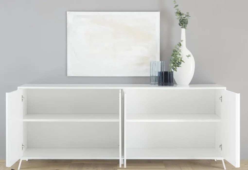 CITY Négyajtós komód, fehér, magasfényű lakkozott vázzal és előlapokkal