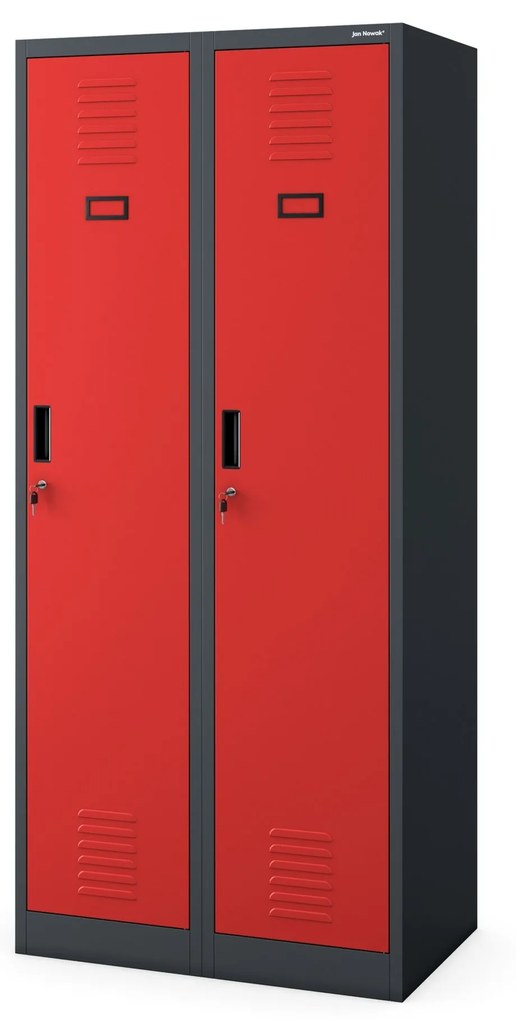 Pléh öltözőszekrény talpazaton, kétmodulos, polccal és köztes fallal KACPER, 800 x 1800 x 500 mm, antracit-piros