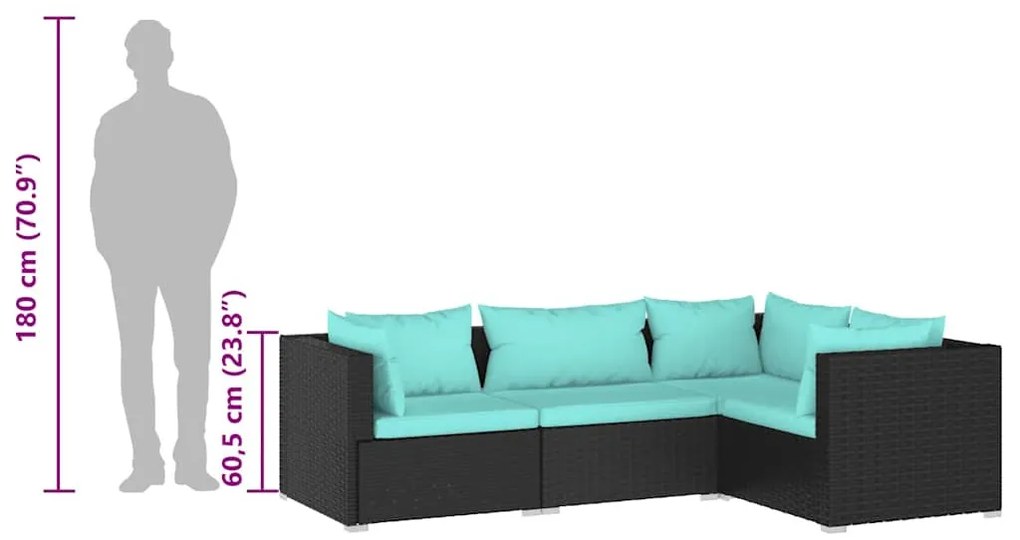 4 részes fekete polyrattan kerti ülőgarnitúra párnákkal