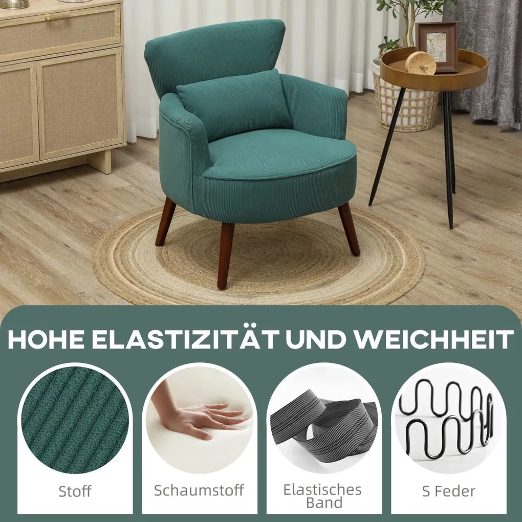 HOMCOM Modern fotel, kárpitozott kiegészítő fotel ágyéki párnával, gumifa lábak, sötétzöld