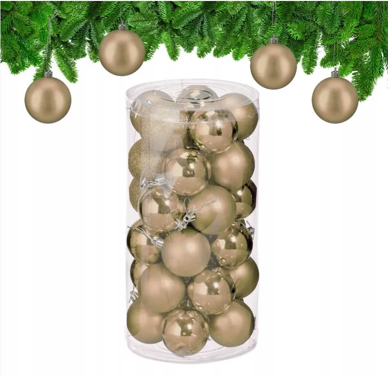 Karácsonyfa gömbök Relaxdays, 30 db-os szett, műanyag, 6 cm, pezsgő