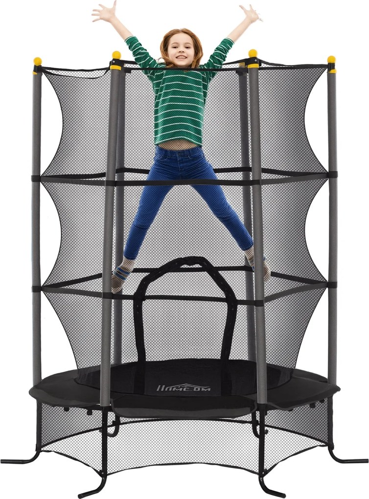 HOMCOM Gyerek Trambulin Ø163x190 cm +3 Év, Biztonsági Hálóval és Acélvázzal, 50 kg Teherbírás, Benti és Kinti Használatra, Fekete | Aosom