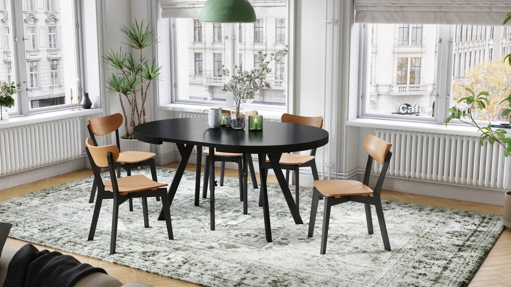 Mazzoni EXPANSO Fekete Matt/fekete lábak - LOFT/IPARI STÍLUSÚ 310 cm-re BŐVÍTHETŐ NAGY KEREK ASZTAL Ø110 Y LÁBAKKAL