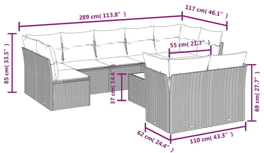 10 részes szürke polyrattan kerti ülőgarnitúra párnákkal