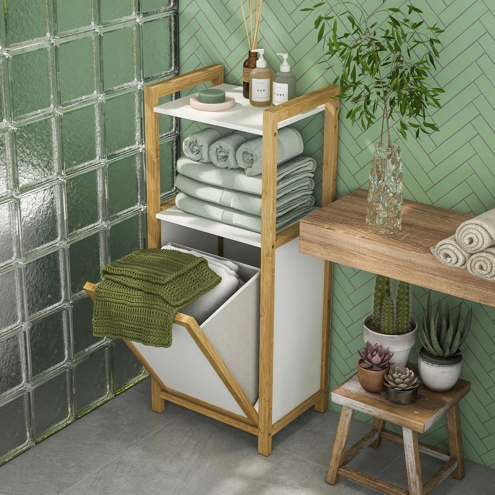 HOMCOM Bambusz Szabadonálló Mosószeres Szekrény Fürdőszobai Tárolóegység - 2 Polc - 40L x 30W x 86.5H cm | Aosom