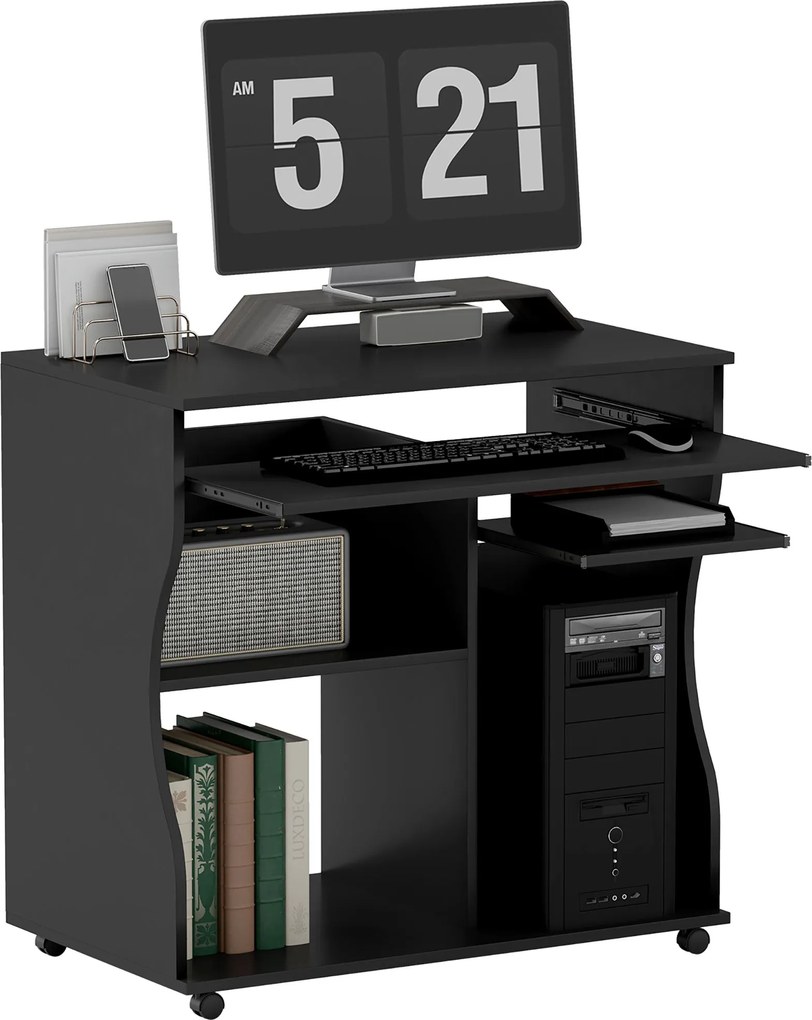 HOMCOM Görgős Asztal 80 x 48 cm Számítógép Asztal Monitor Tartóval, Billentyűzet Tálcával, Tárolópolccal, PC Asztal Otthoni Irodához, Hálószobába - Fe