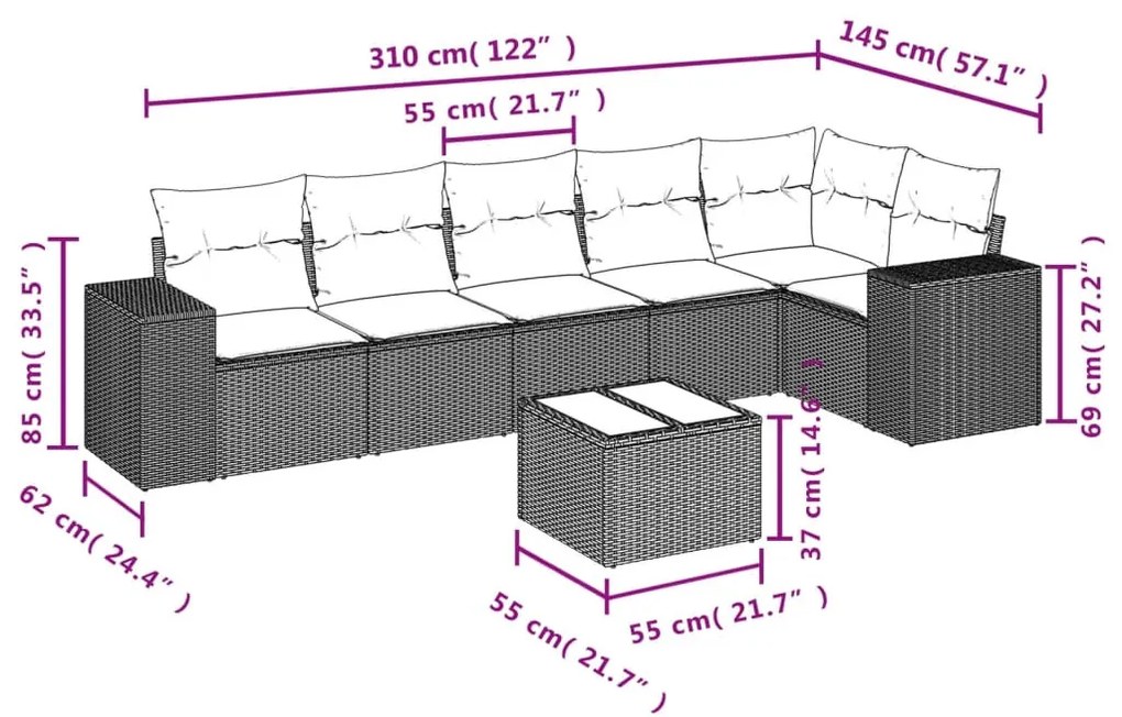 7 részes barna polyrattan kerti ülőgarnitúra párnákkal