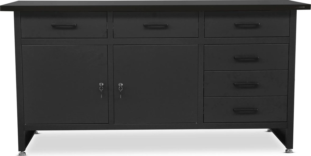 Műhelyasztal fiókokkal, fekete, 1700x850x600 mm: HENRY All Black