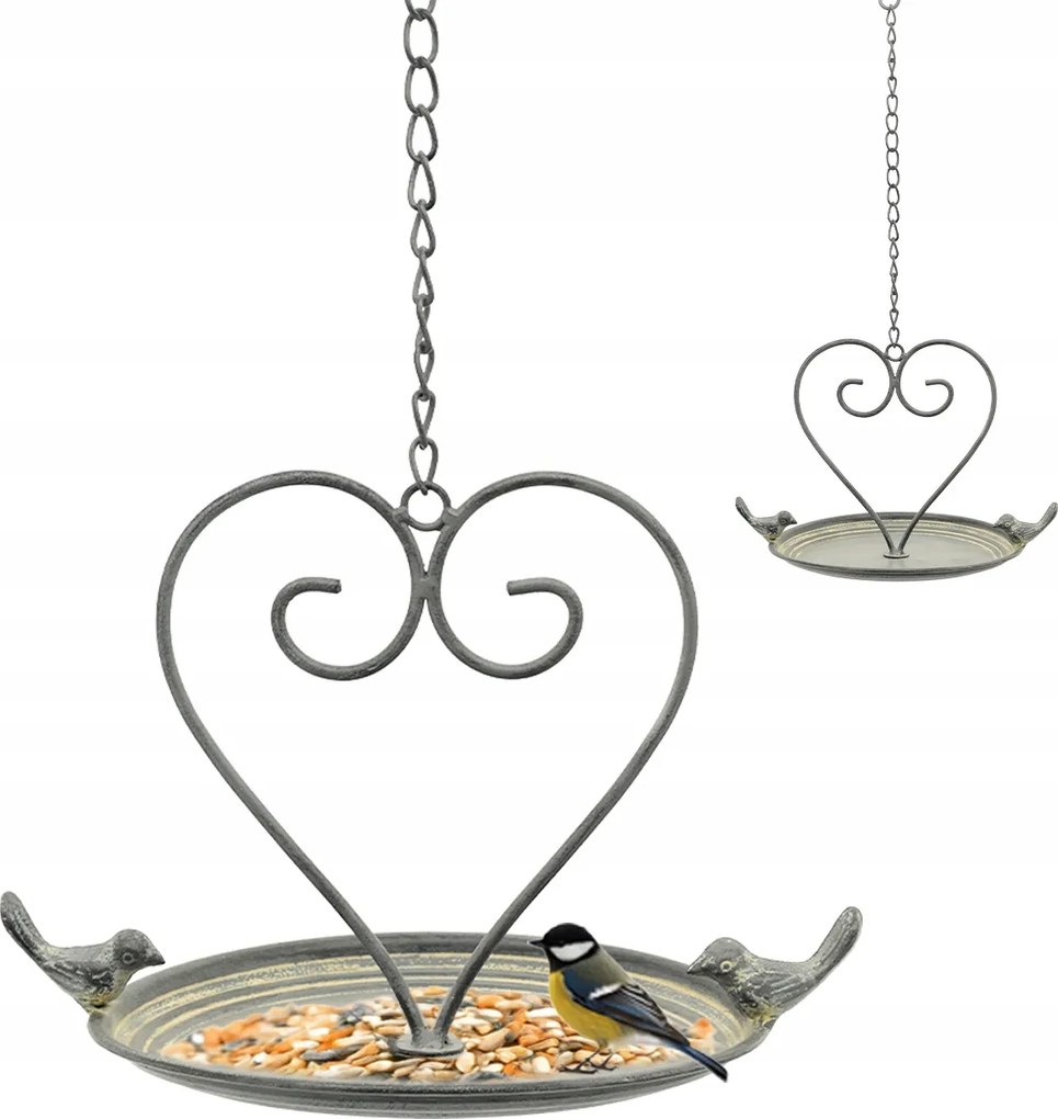 Függő itató szívvel és madárkákkal 53 cm fém Retro etető