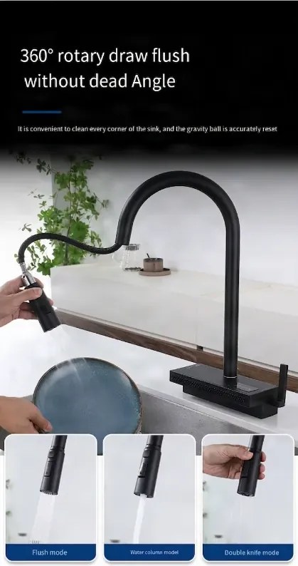 Konyhai csaptelep ELITE EDITION KFS1442 kihúzható zuhanyfejjel, vízeséses kifolyóval és LED-kijelzővel, több színváltozatban — Gunmetal szürke
